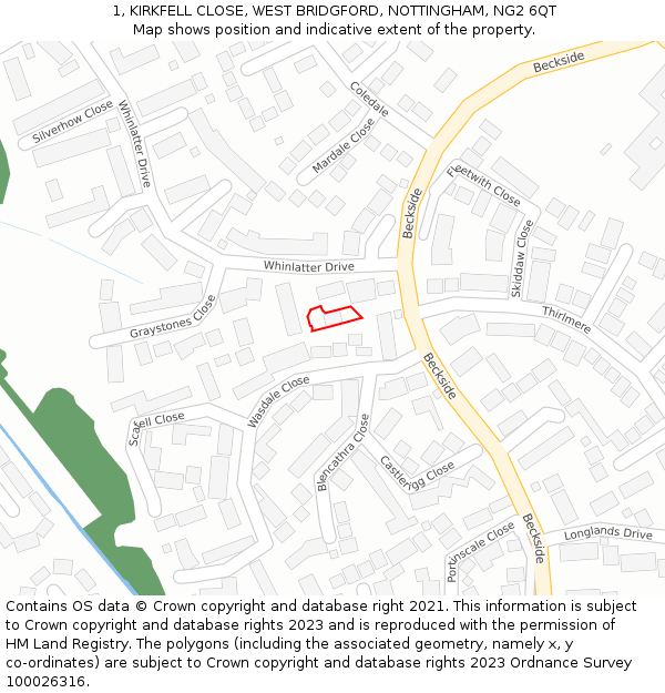 1, KIRKFELL CLOSE, WEST BRIDGFORD, NOTTINGHAM, NG2 6QT: Location map and indicative extent of plot