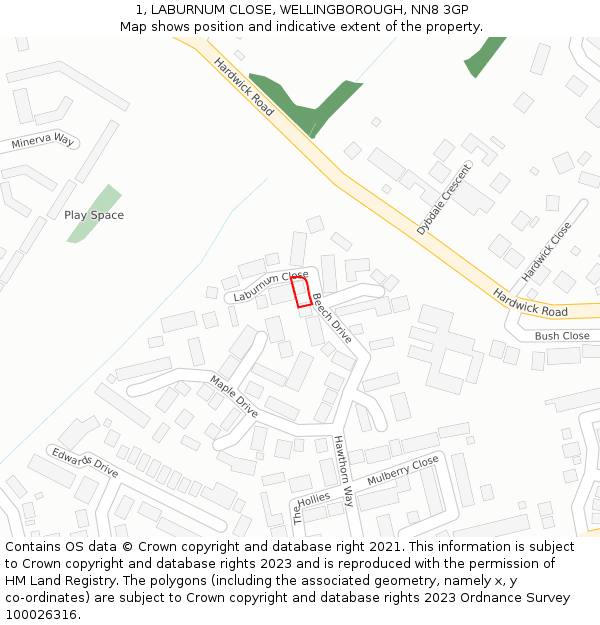 1, LABURNUM CLOSE, WELLINGBOROUGH, NN8 3GP: Location map and indicative extent of plot