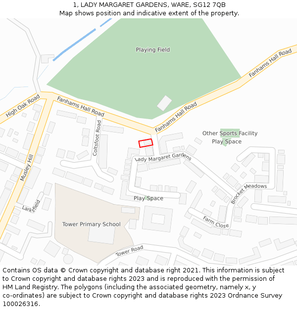 1, LADY MARGARET GARDENS, WARE, SG12 7QB: Location map and indicative extent of plot