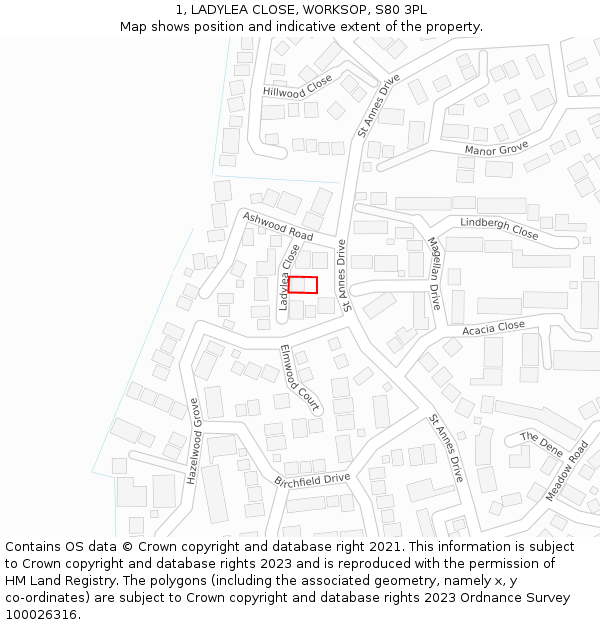 1, LADYLEA CLOSE, WORKSOP, S80 3PL: Location map and indicative extent of plot