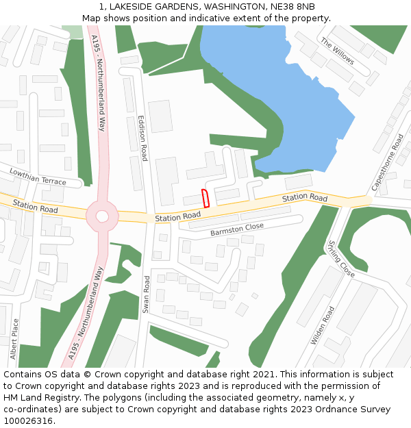 1, LAKESIDE GARDENS, WASHINGTON, NE38 8NB: Location map and indicative extent of plot