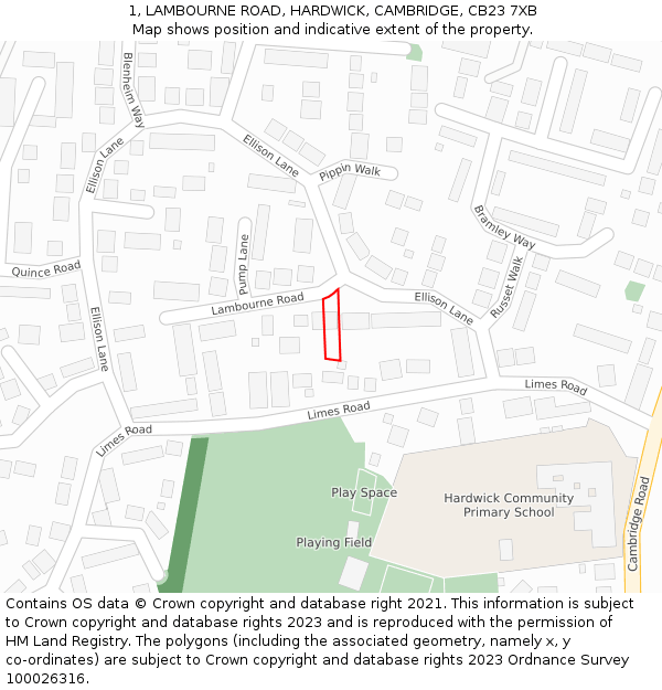 1, LAMBOURNE ROAD, HARDWICK, CAMBRIDGE, CB23 7XB: Location map and indicative extent of plot
