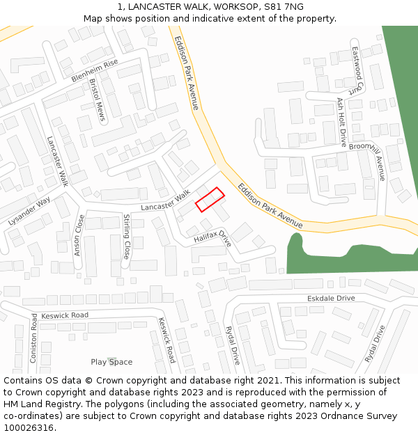 1, LANCASTER WALK, WORKSOP, S81 7NG: Location map and indicative extent of plot