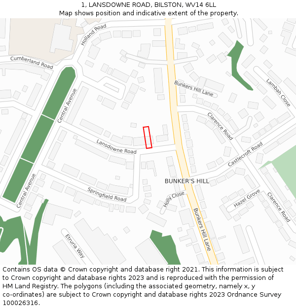 1, LANSDOWNE ROAD, BILSTON, WV14 6LL: Location map and indicative extent of plot