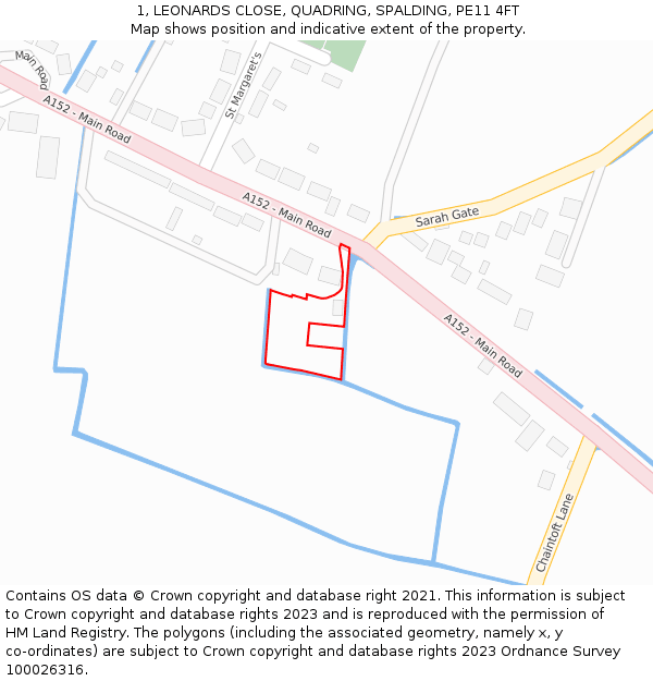 1, LEONARDS CLOSE, QUADRING, SPALDING, PE11 4FT: Location map and indicative extent of plot