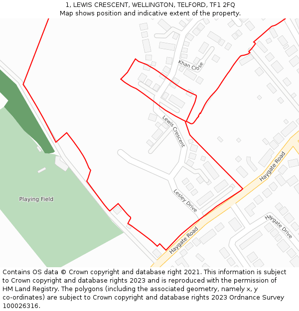 1, LEWIS CRESCENT, WELLINGTON, TELFORD, TF1 2FQ: Location map and indicative extent of plot
