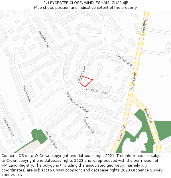 1, LEYCESTER CLOSE, WINDLESHAM, GU20 6JR: Location map and indicative extent of plot