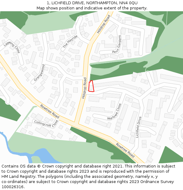1, LICHFIELD DRIVE, NORTHAMPTON, NN4 0QU: Location map and indicative extent of plot