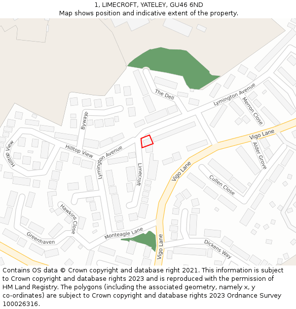 1, LIMECROFT, YATELEY, GU46 6ND: Location map and indicative extent of plot