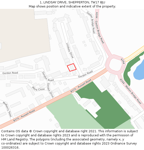 1, LINDSAY DRIVE, SHEPPERTON, TW17 8JU: Location map and indicative extent of plot