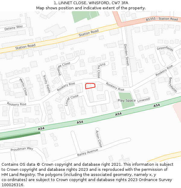 1, LINNET CLOSE, WINSFORD, CW7 3FA: Location map and indicative extent of plot