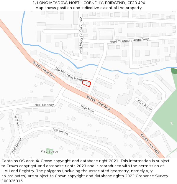 1, LONG MEADOW, NORTH CORNELLY, BRIDGEND, CF33 4PX: Location map and indicative extent of plot