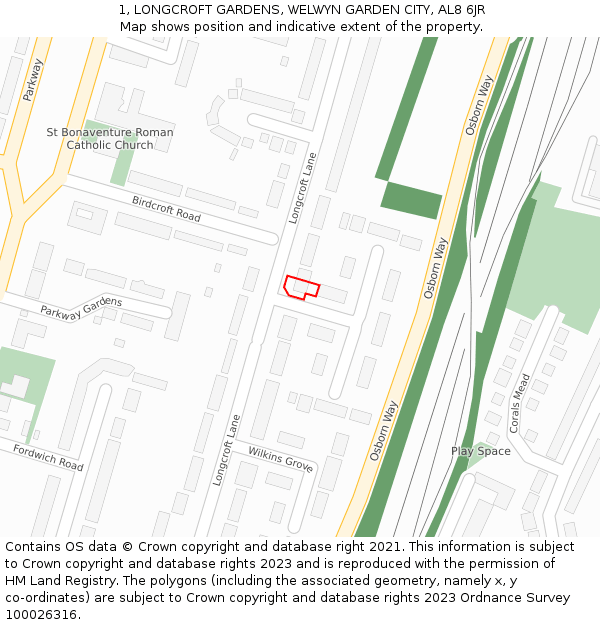 1, LONGCROFT GARDENS, WELWYN GARDEN CITY, AL8 6JR: Location map and indicative extent of plot