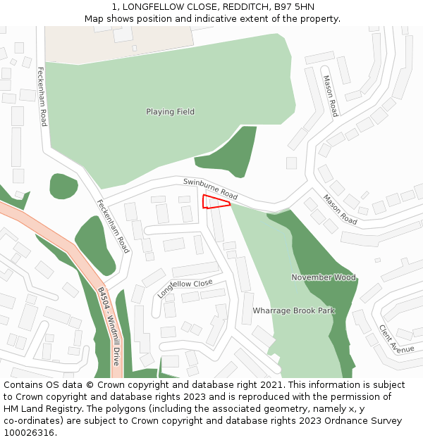 1, LONGFELLOW CLOSE, REDDITCH, B97 5HN: Location map and indicative extent of plot