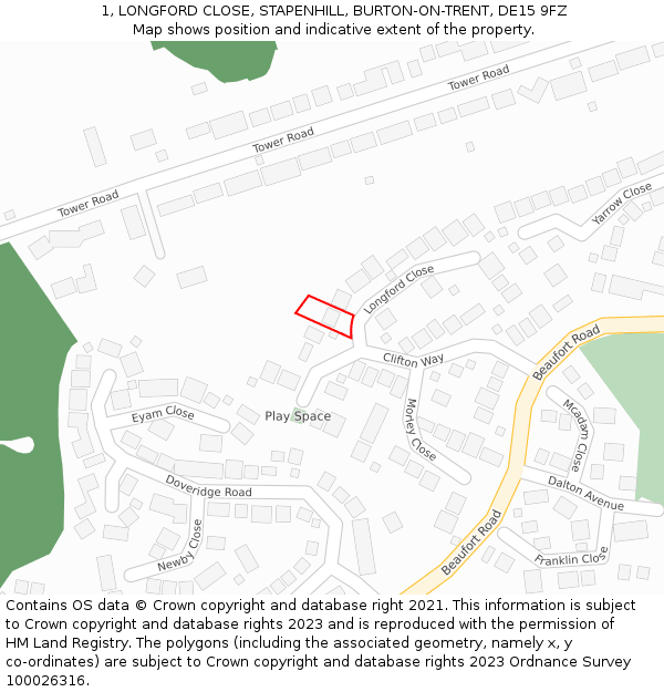 1, LONGFORD CLOSE, STAPENHILL, BURTON-ON-TRENT, DE15 9FZ: Location map and indicative extent of plot