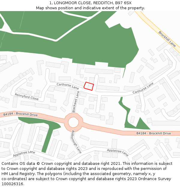 1, LONGMOOR CLOSE, REDDITCH, B97 6SX: Location map and indicative extent of plot