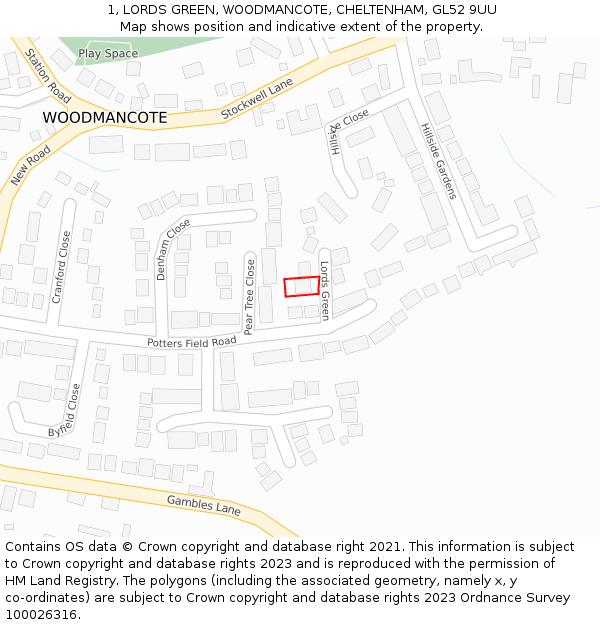 1, LORDS GREEN, WOODMANCOTE, CHELTENHAM, GL52 9UU: Location map and indicative extent of plot