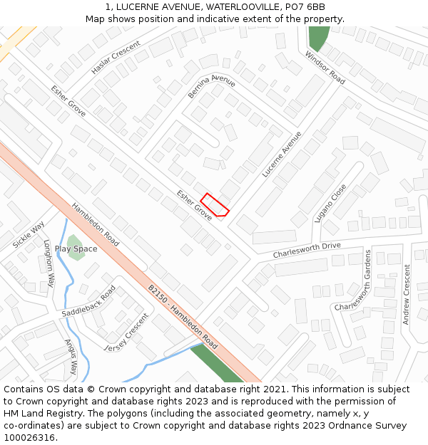 1, LUCERNE AVENUE, WATERLOOVILLE, PO7 6BB: Location map and indicative extent of plot