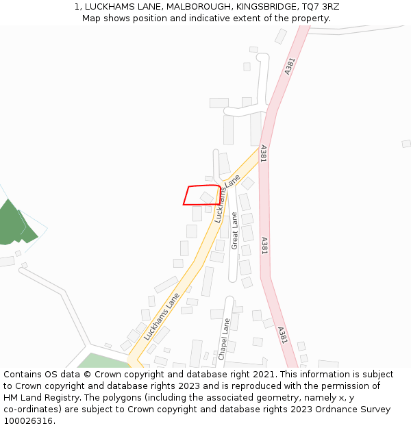 1, LUCKHAMS LANE, MALBOROUGH, KINGSBRIDGE, TQ7 3RZ: Location map and indicative extent of plot