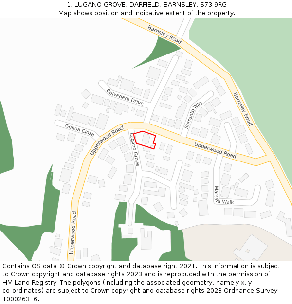 1, LUGANO GROVE, DARFIELD, BARNSLEY, S73 9RG: Location map and indicative extent of plot