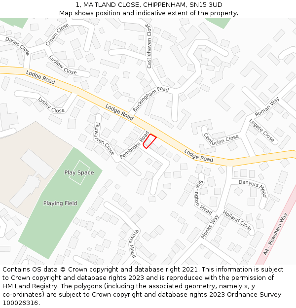 1, MAITLAND CLOSE, CHIPPENHAM, SN15 3UD: Location map and indicative extent of plot