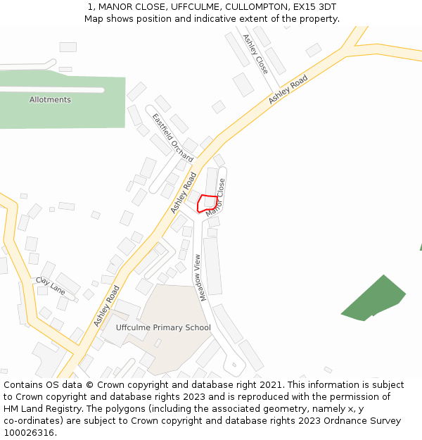 1, MANOR CLOSE, UFFCULME, CULLOMPTON, EX15 3DT: Location map and indicative extent of plot