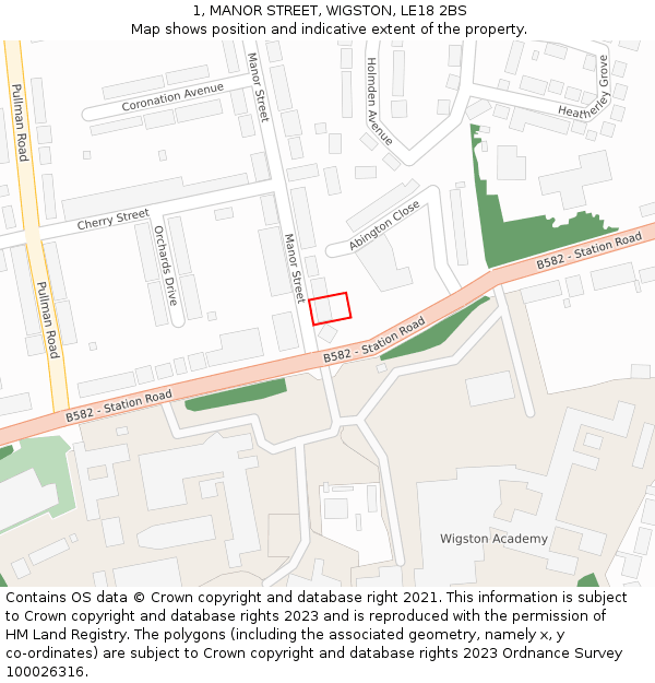 1, MANOR STREET, WIGSTON, LE18 2BS: Location map and indicative extent of plot