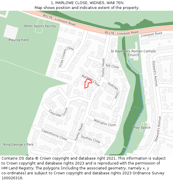 1, MARLOWE CLOSE, WIDNES, WA8 7EN: Location map and indicative extent of plot