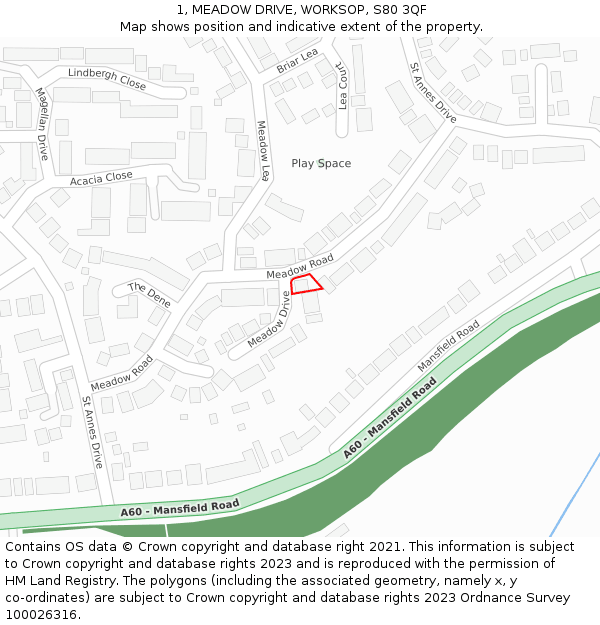 1, MEADOW DRIVE, WORKSOP, S80 3QF: Location map and indicative extent of plot