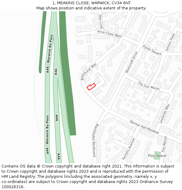 1, MEAKINS CLOSE, WARWICK, CV34 6NT: Location map and indicative extent of plot