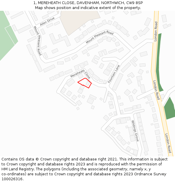 1, MEREHEATH CLOSE, DAVENHAM, NORTHWICH, CW9 8SP: Location map and indicative extent of plot