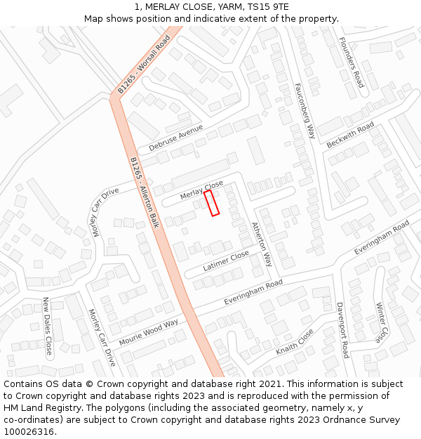 1, MERLAY CLOSE, YARM, TS15 9TE: Location map and indicative extent of plot