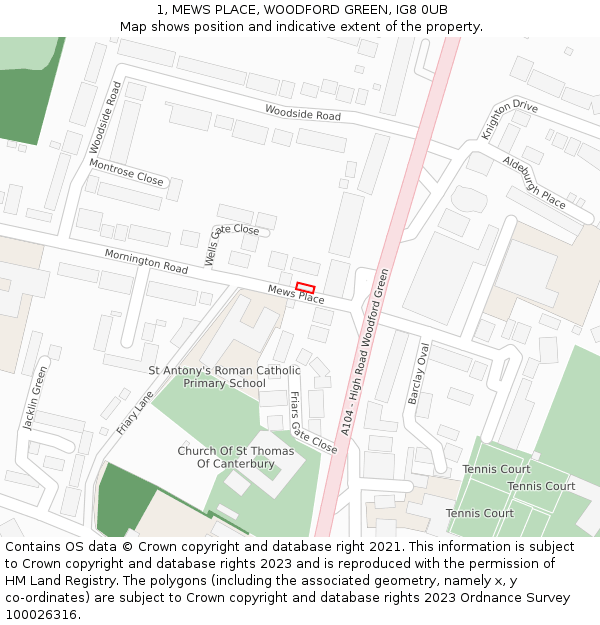 1, MEWS PLACE, WOODFORD GREEN, IG8 0UB: Location map and indicative extent of plot