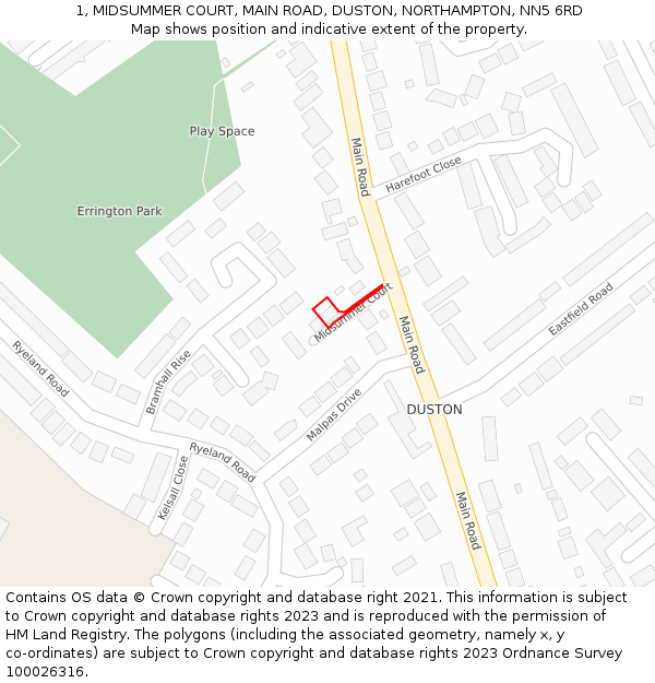 1, MIDSUMMER COURT, MAIN ROAD, DUSTON, NORTHAMPTON, NN5 6RD: Location map and indicative extent of plot