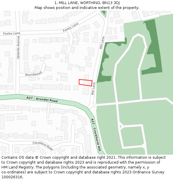 1, MILL LANE, WORTHING, BN13 3DJ: Location map and indicative extent of plot