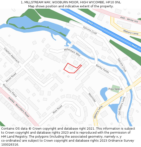 1, MILLSTREAM WAY, WOOBURN MOOR, HIGH WYCOMBE, HP10 0NL: Location map and indicative extent of plot