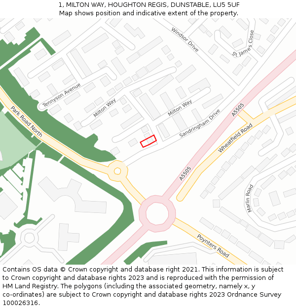 1, MILTON WAY, HOUGHTON REGIS, DUNSTABLE, LU5 5UF: Location map and indicative extent of plot