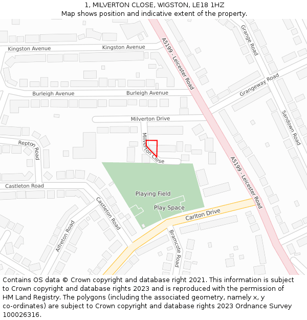 1, MILVERTON CLOSE, WIGSTON, LE18 1HZ: Location map and indicative extent of plot