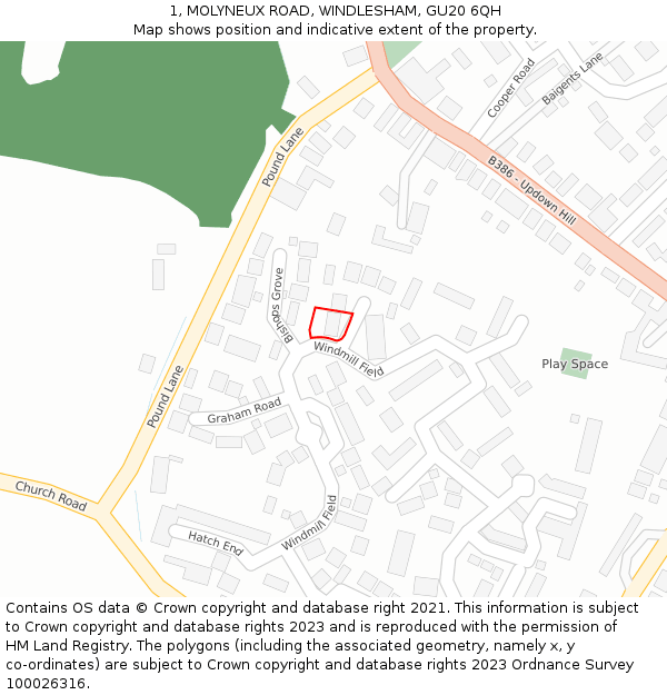 1, MOLYNEUX ROAD, WINDLESHAM, GU20 6QH: Location map and indicative extent of plot