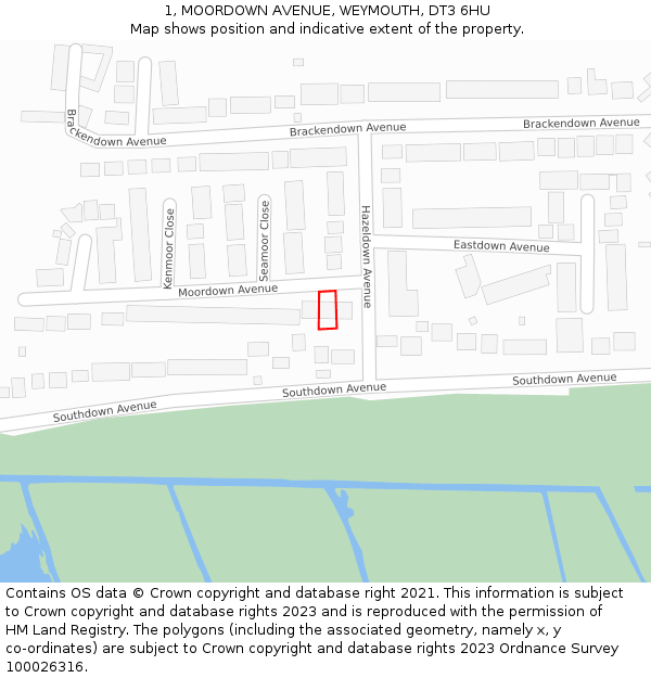 1, MOORDOWN AVENUE, WEYMOUTH, DT3 6HU: Location map and indicative extent of plot