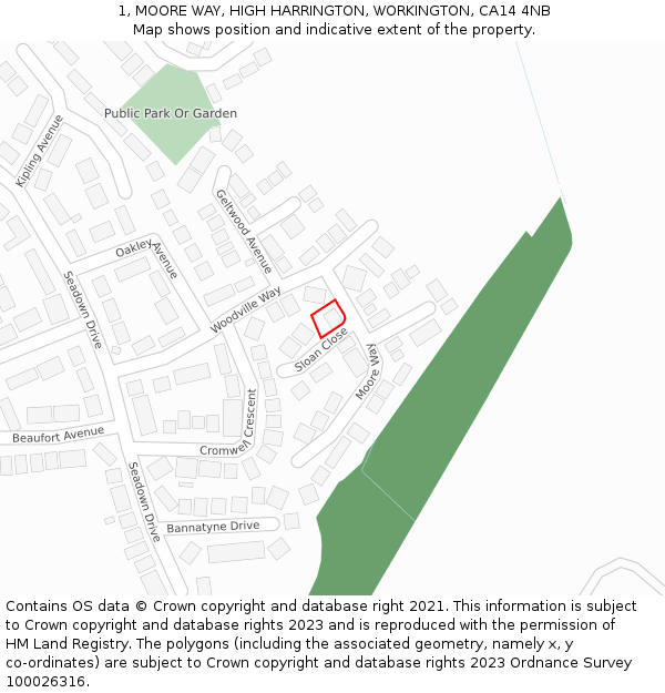 1, MOORE WAY, HIGH HARRINGTON, WORKINGTON, CA14 4NB: Location map and indicative extent of plot