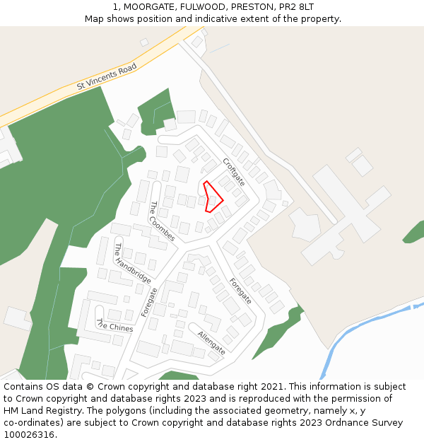 1, MOORGATE, FULWOOD, PRESTON, PR2 8LT: Location map and indicative extent of plot