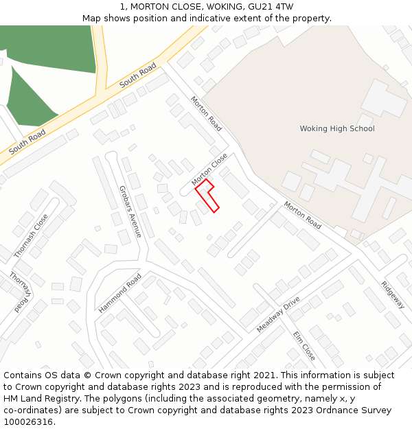 1, MORTON CLOSE, WOKING, GU21 4TW: Location map and indicative extent of plot