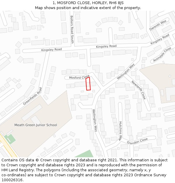 1, MOSFORD CLOSE, HORLEY, RH6 8JS: Location map and indicative extent of plot