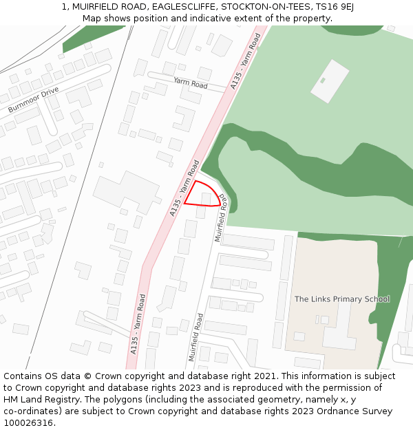 1, MUIRFIELD ROAD, EAGLESCLIFFE, STOCKTON-ON-TEES, TS16 9EJ: Location map and indicative extent of plot