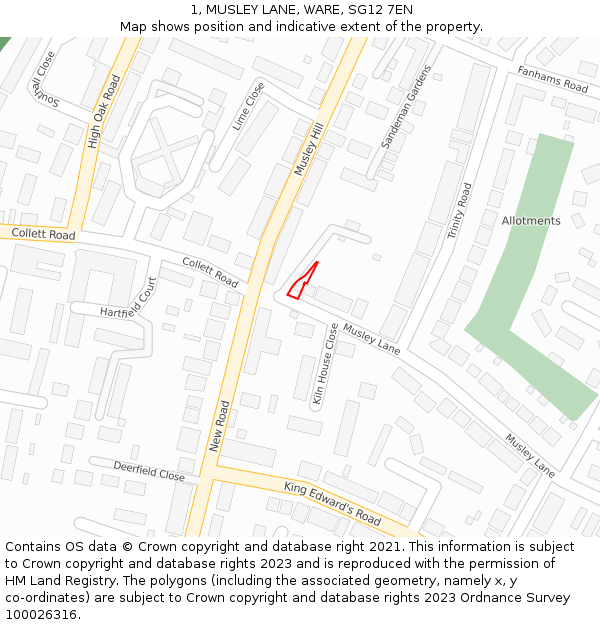 1, MUSLEY LANE, WARE, SG12 7EN: Location map and indicative extent of plot