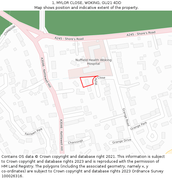 1, MYLOR CLOSE, WOKING, GU21 4DD: Location map and indicative extent of plot