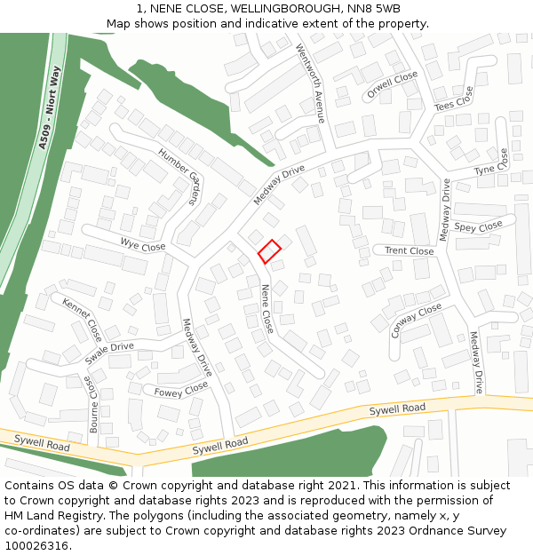 1, NENE CLOSE, WELLINGBOROUGH, NN8 5WB: Location map and indicative extent of plot