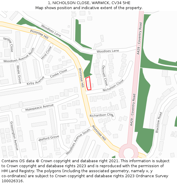 1, NICHOLSON CLOSE, WARWICK, CV34 5HE: Location map and indicative extent of plot