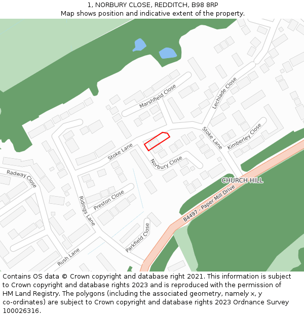 1, NORBURY CLOSE, REDDITCH, B98 8RP: Location map and indicative extent of plot